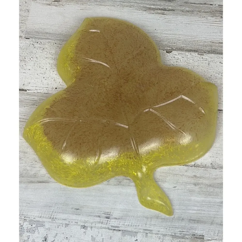 Vintage Amber Yellow Leaf Divided Candy Nut Dish Pressed Glass Trinket Tray